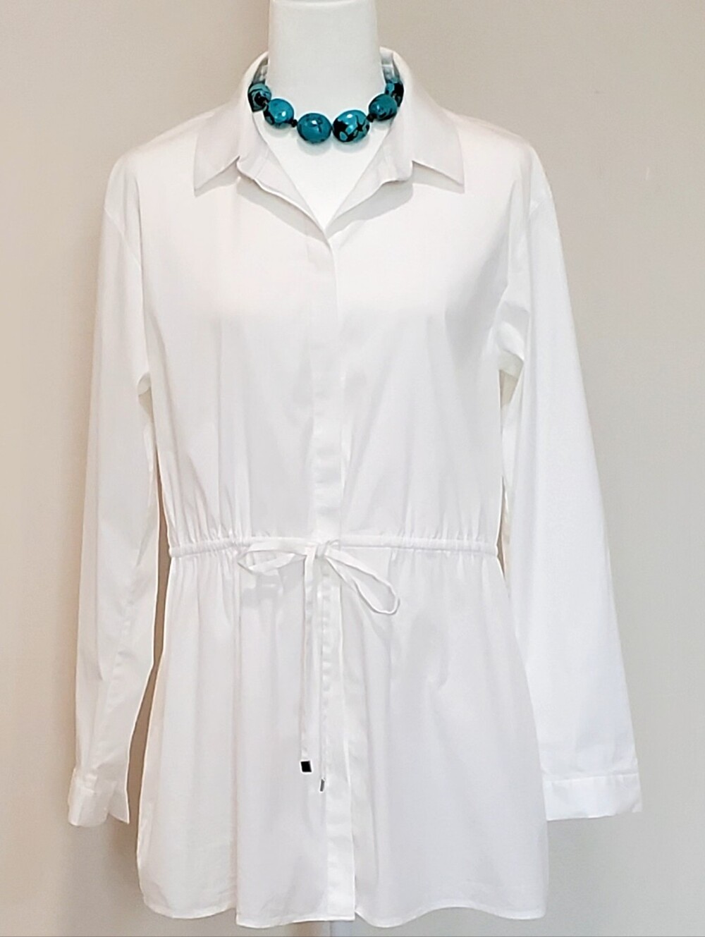 Lafayette 148 White Cotton Blend Long Line Cinch Waist Tie Hourglass Blouse, Med